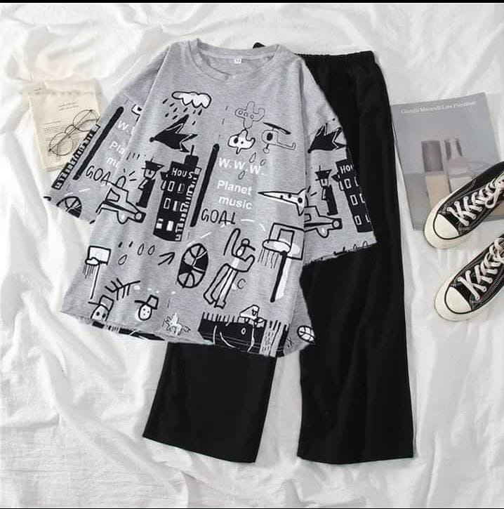 Planet gray printed night suit cotton jersey fabric
