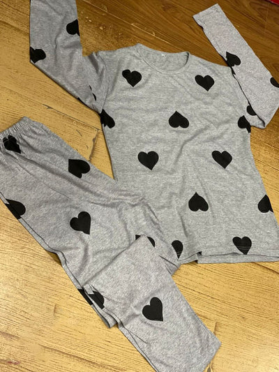 Grey dil dil heart full sleeve printed design night suit fabric cotton jarsy
